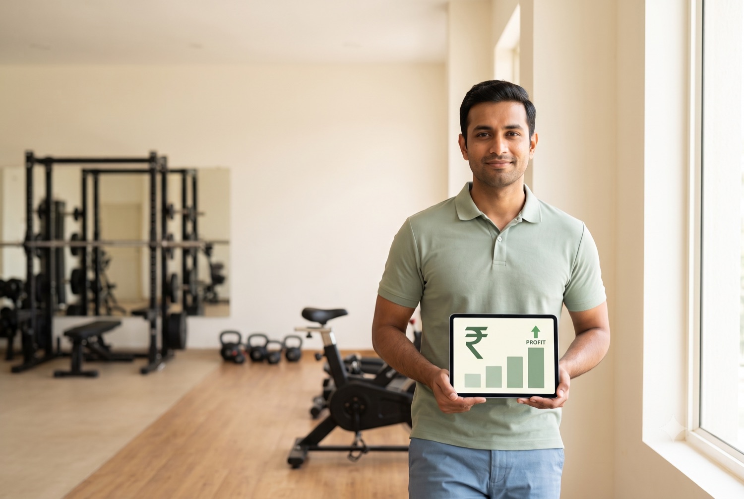 A a gym owner with their books handled