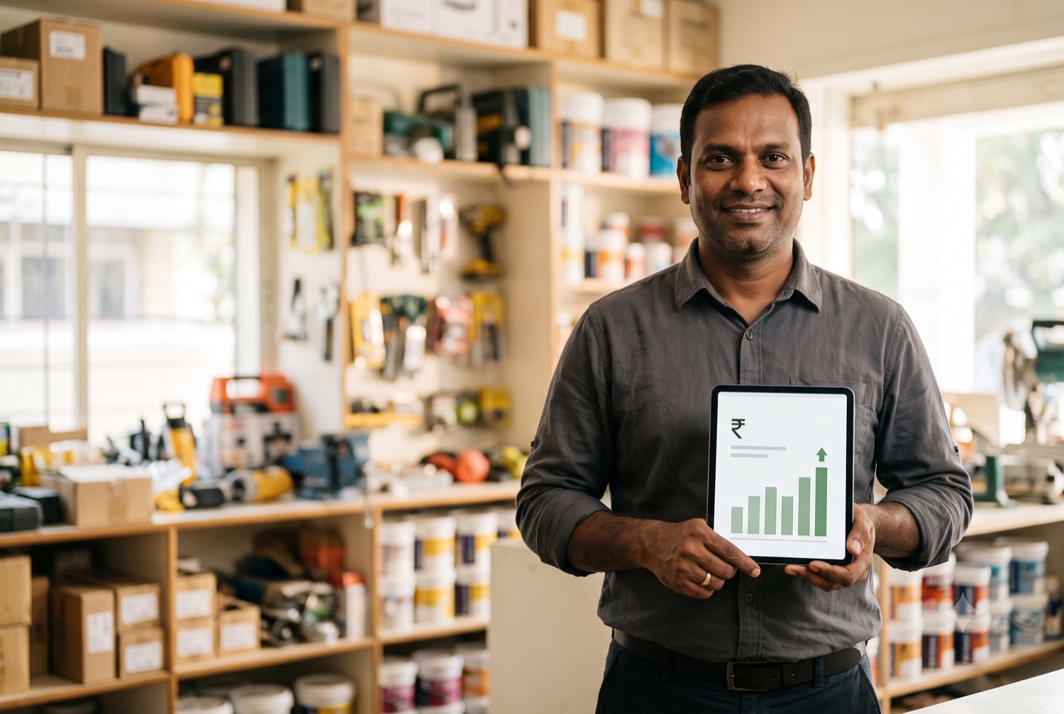 A a hardware store owner with their books handled
