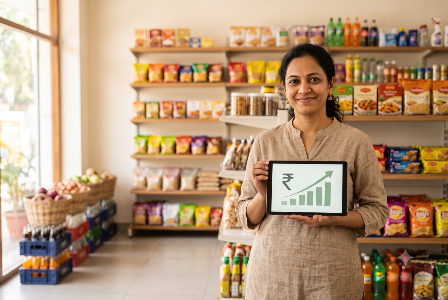 A a kirana store owner with their books handled